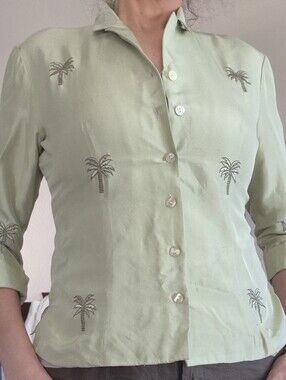 Silkland Embroidery palm trees design Vtg. 100% Silk Button Up, Blouse Sz S